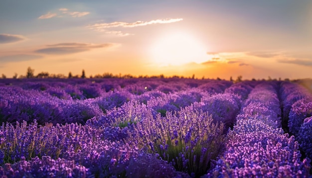 Sunset over a violet lavender field