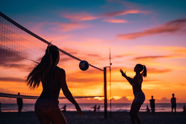 Photo sunset volleyball players on beach background