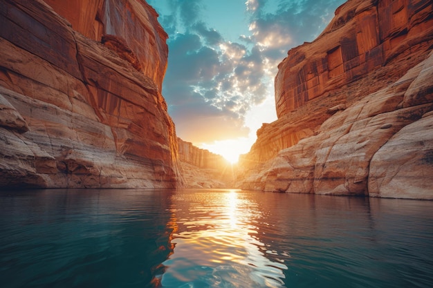 Sunset Over Water in Canyon