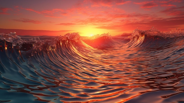 夏の砂浜に波が打ち寄せる水面に沈む夕日