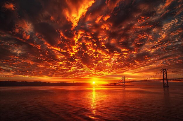 Sunset over the water with a bridge in the distance