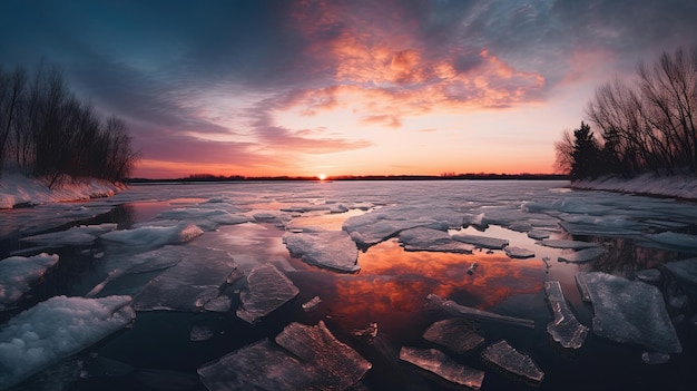A sunset over the water with ice on the water