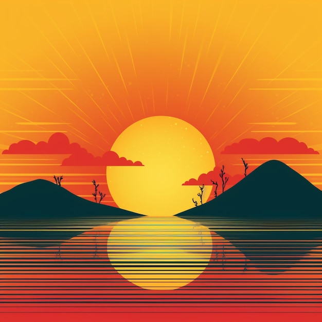 sunset over the water with a lone tree and a lone bird generative ai