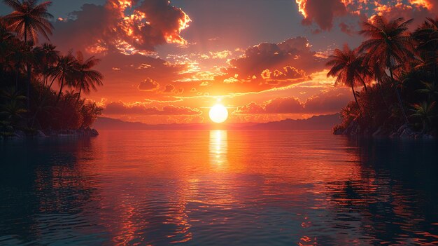 sunset on the water with palm trees and clouds