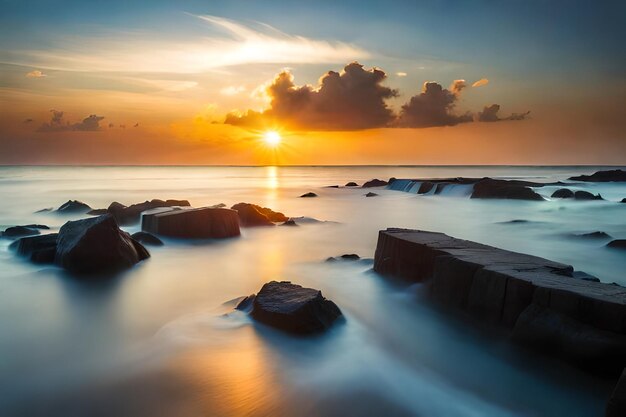 a sunset over the water with rocks and clouds in the background