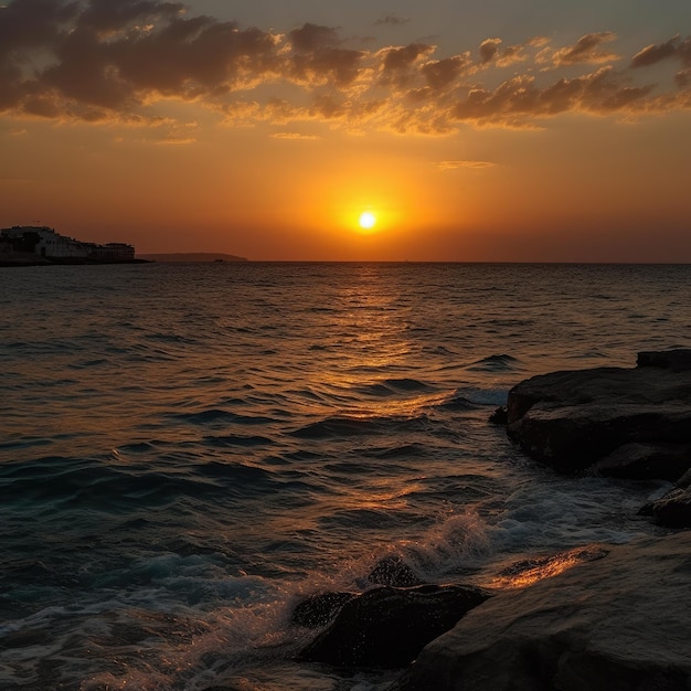 A sunset over the water with the sun setting behind it