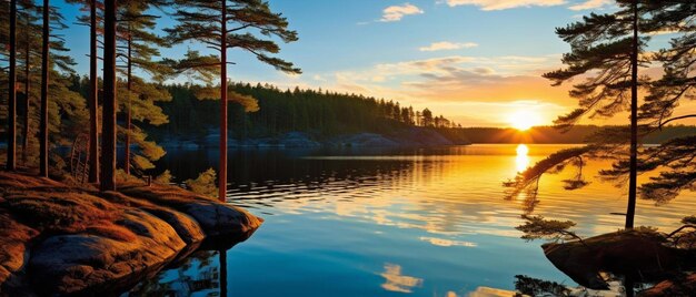 Photo a sunset on the water with a tree in the foreground