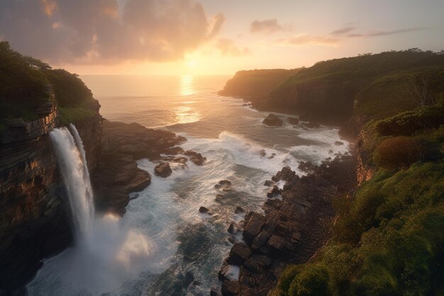 A sunset over a waterfall with a sunset in the background.