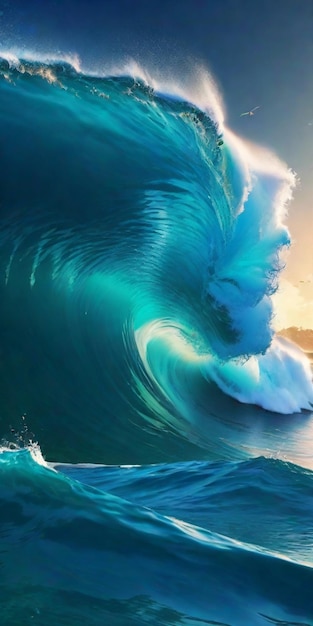 Sunset wave crashing on ocean