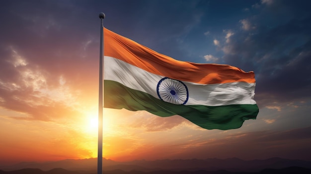 Sunset waving india flag design independence day generative ai