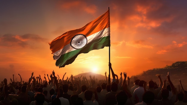 Sunset Waving National Indian Flag Design Independence Day Generative ai