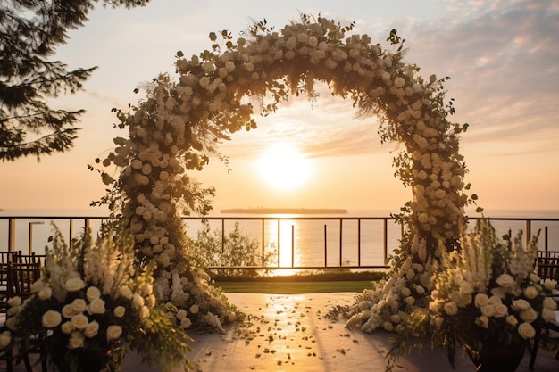 花と夕日の結婚式のアーチ