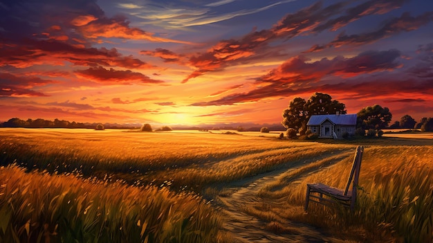 a sunset in a wheat field with a field of wheat