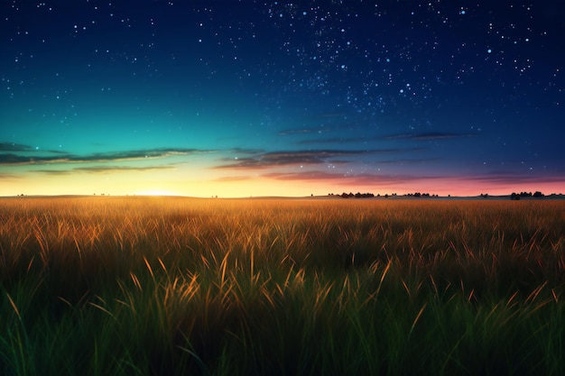 Sunset over a wheat field with stars in the sky