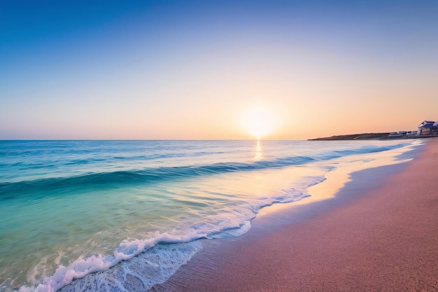 Sunset on a white beach with blue water