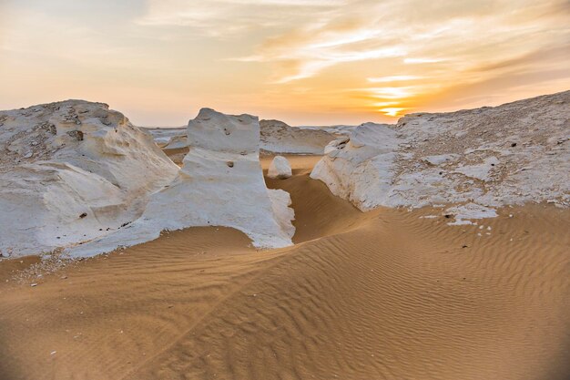 Sunset over White Desert Farafra in Baharia area of Egypt