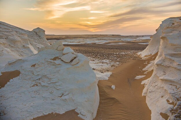 Sunset over White Desert Farafra in Baharia area of Egypt