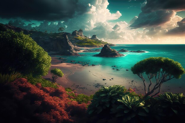 Sunset on a wild sea beach coastline and sand Waves and sea surf on the background of mountains and flowers Dawn in a cloudy sky 3d illustration