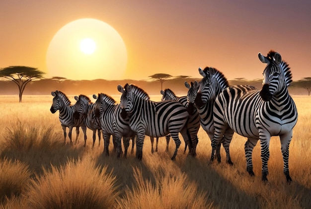 Sunset over wild zebra herd in savannah wilderness Tranquil scene of zebras grazing in golden light