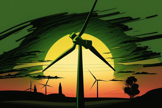 На закате ветряная турбина для альтернативной энергии - это силуэт зеленой энергии