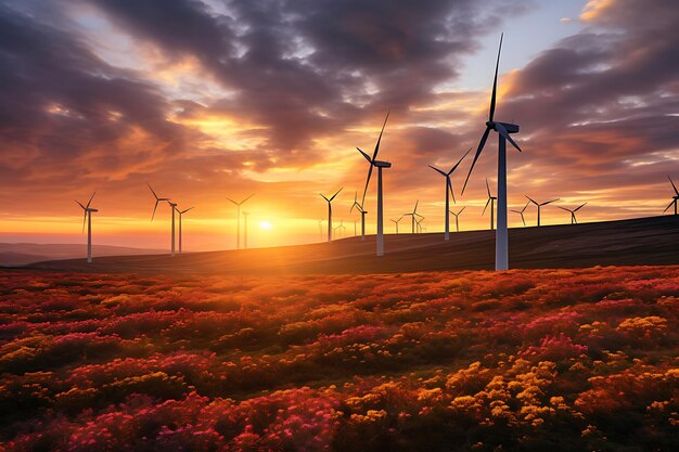 Sunset over wind turbine farm