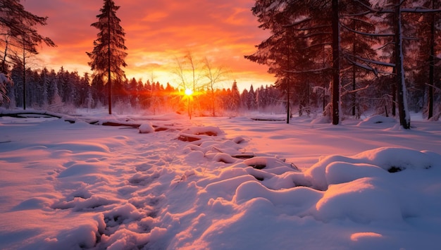 Закат в зимнем лесу Красивый зимний пейзаж с заснеженными деревьями