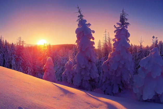 Sunset in winter in forest. Genarative AI