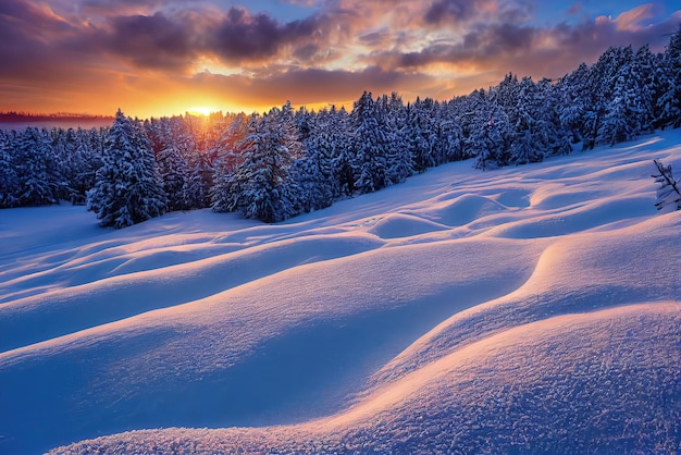 Sunset in winter in forest. Genarative AI