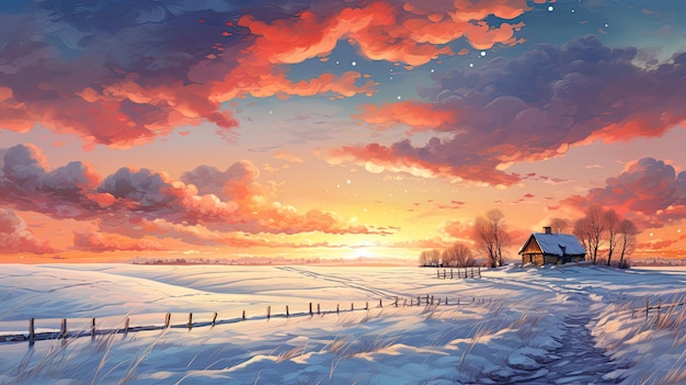 a sunset in a winter landscape