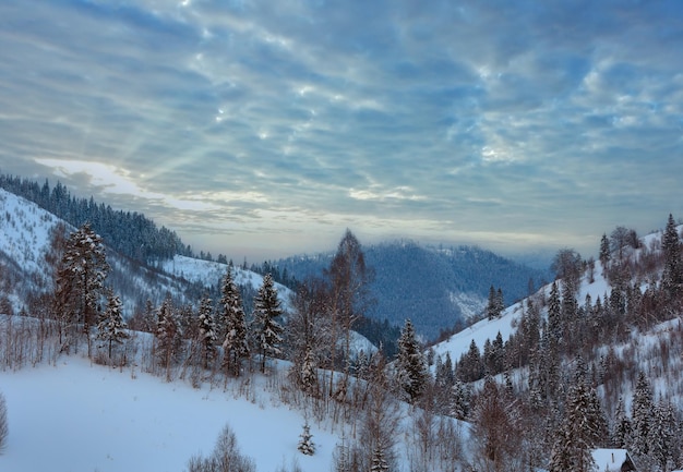 Sunset winter Ukrainian Carpathian Mountains landscape