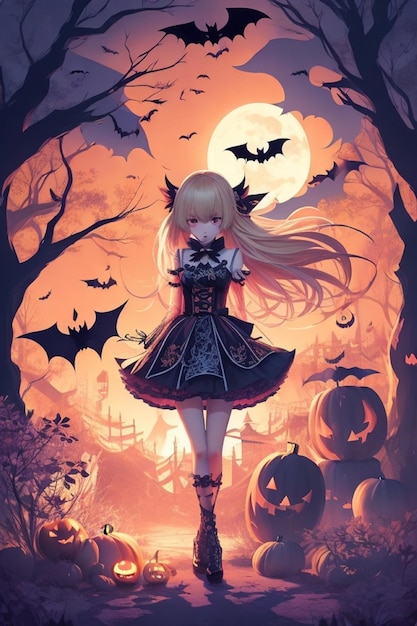 Sunset Witchery Anime Koreaanse Blonde Girl's Spooky Halloween-illustratie