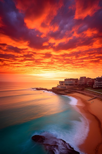 Photo a sunset with a beach and a beautiful sky with a beach and a beach