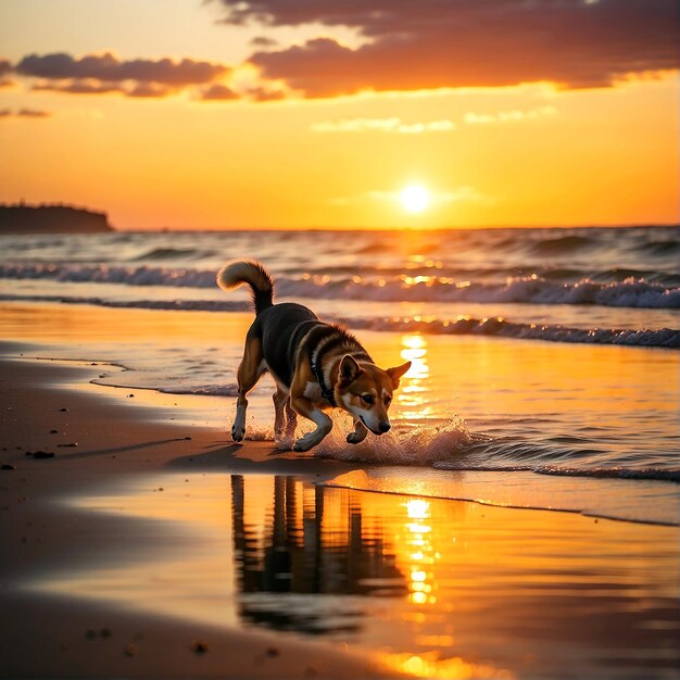 A sunset with a beach and a dog running on the beach AI GENERATED