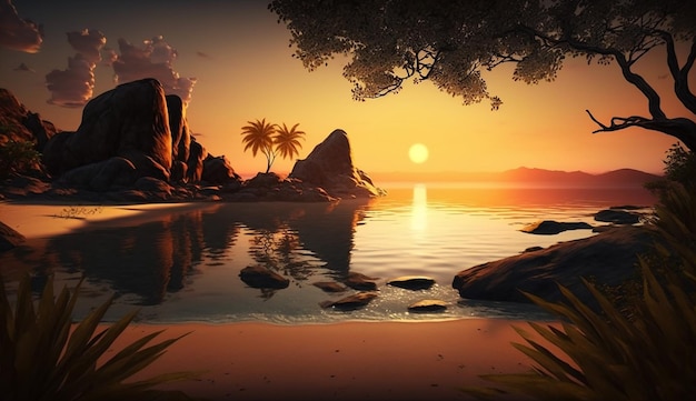 A sunset with a beach and palm trees