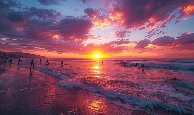 a sunset with a beach scene and a beach scene with people in the water