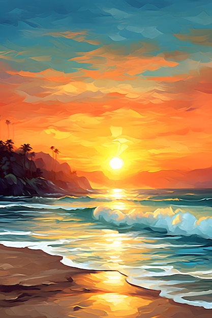 a sunset with a beach scene and the sun setting behind the horizon