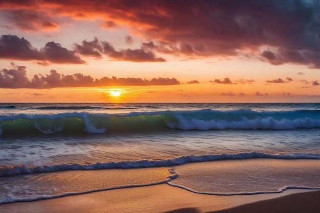 a sunset with a beach and a wave in the foreground