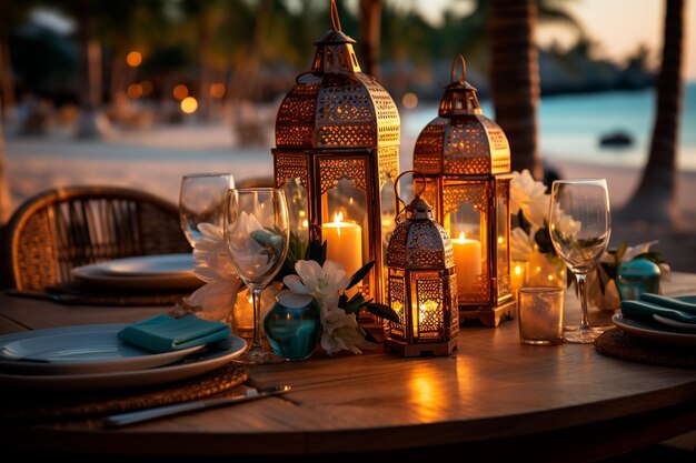 Sunset with a beautiful table with a candle flowers and a lantern