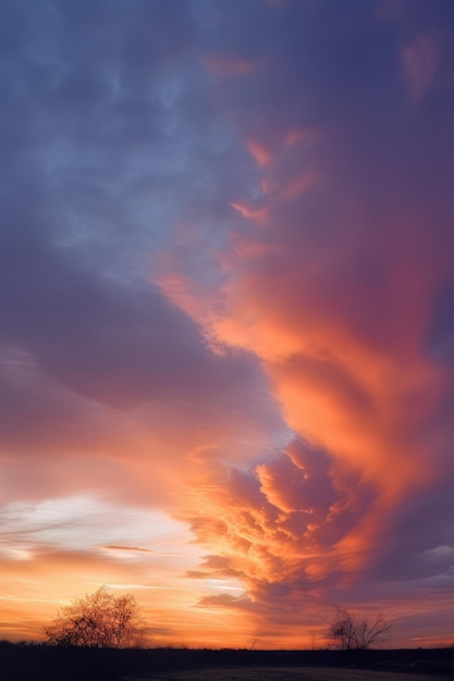 野原の上の空に大きな雲のある夕日