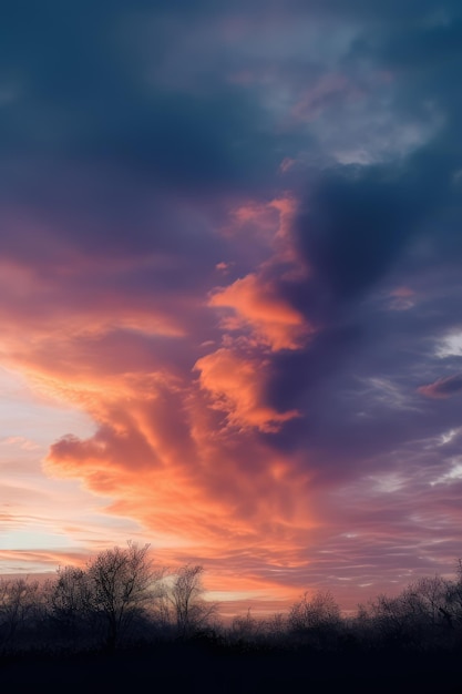 野原の上の空に大きな雲のある夕日