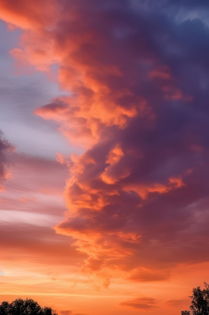 A sunset with a big cloud in the sky over a field