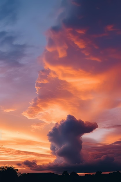 A sunset with a big cloud in the sky over a field