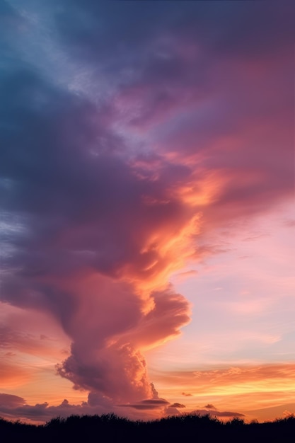 野原の上の空に大きな雲のある夕日