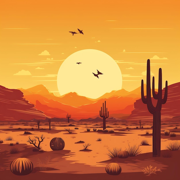 a sunset with birds flying over desert and desert