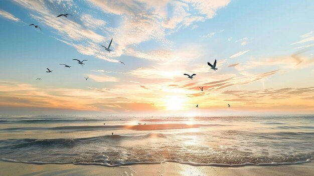 A sunset with birds flying over the ocean