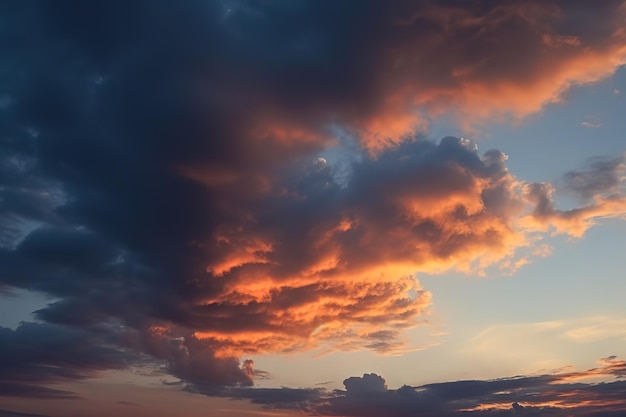 青い雲のある夕日が野原の上に見えます