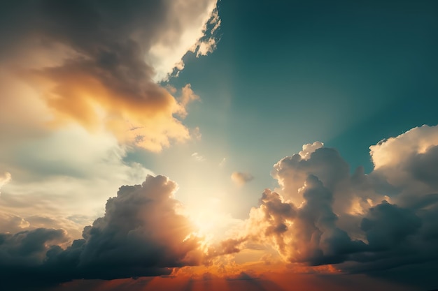 青い空と雲のある夕日