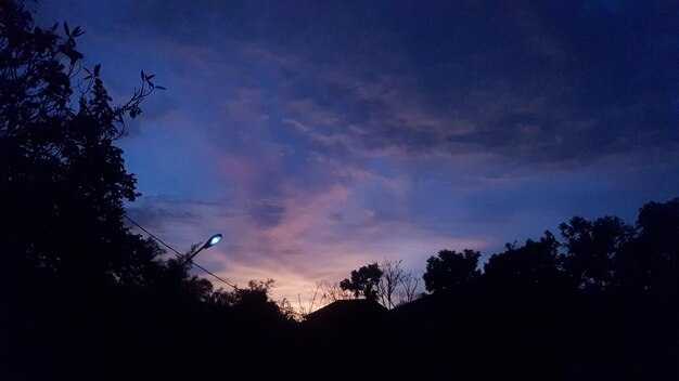 Foto un tramonto con un cielo azzurro e pochi alberi