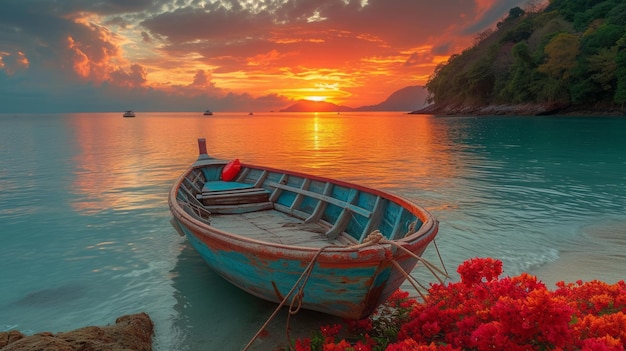 Sunset with boat at phuket Thailand ar 169 stylize 750 v 6 Job ID ffedbe73385d4e6c8da2da3647a603ea