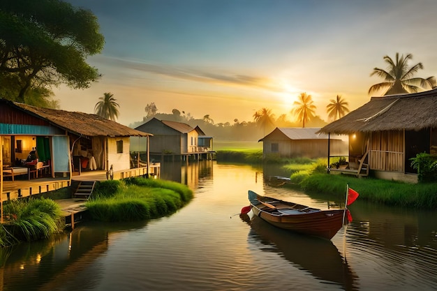 a sunset with boats and houses